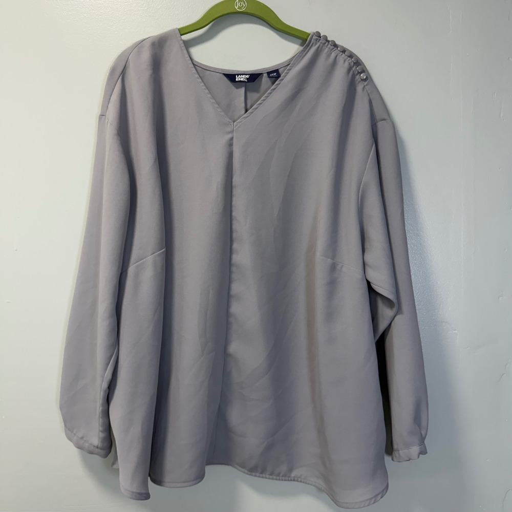 Lands End Gray V-Neck Long Sleeve Blouse Shoulder Button Detail 22W